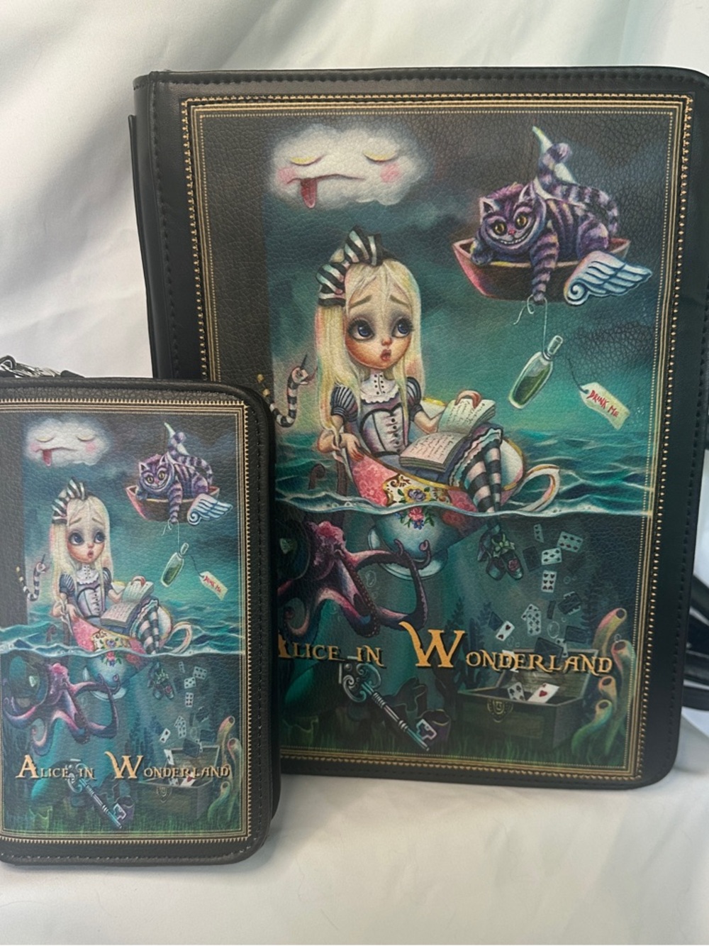 Bundled- Teary Alice in Wonderland Black Illustrated Backpack and Wristlet